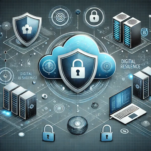 ilustración conceptual sobre La Resiliencia Digital, representando un entorno seguro con elementos de ciberseguridad como escudos tecnológicos, redes protegidas, candados de datos y un firewall visual.