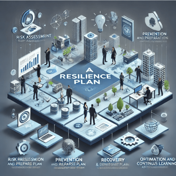 ilustración conceptual y profesional que representa visualmente un Plan de Resiliencia. La imagen muestra una estructura organizada con elementos clave como evaluación de riesgos, prevención, implementación de respuestas, recuperación y optimización