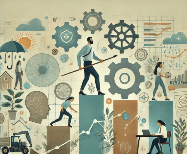 que significa resiliencia y ejemplos-ilustración conceptual sobre la resiliencia en diferentes ámbitos, representando la capacidad de recuperación y adaptación ante la adversidad