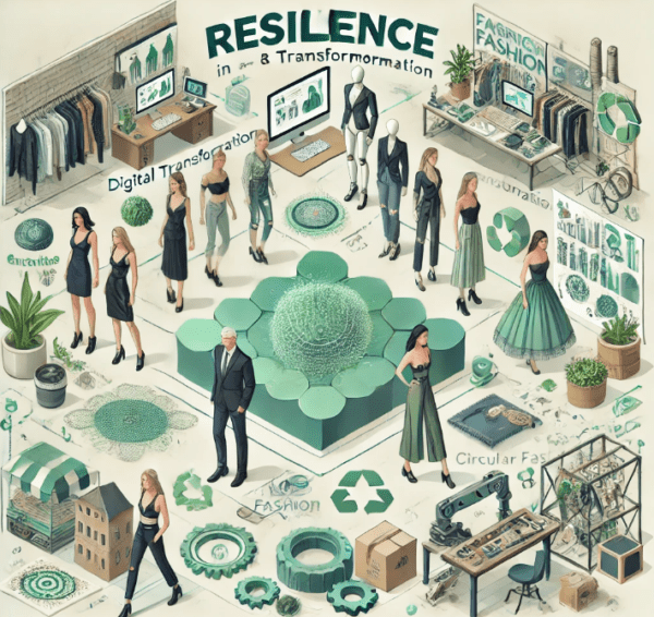 imagen conceptual y profesional que representa la resiliencia en la industria de la moda. Se incluyen los elementos clave como la transformación digital, moda circular, diversidad, automatización e innovación tecnológica, y optimización de la cadena de suministro en un estilo moderno y minimalista