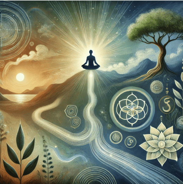 imagen conceptual y simbólica que representa la resiliencia espiritual. La ilustración transmite fortaleza interior, conexión con valores trascendentales y serenidad ante la adversidad, integrando los elementos clave como la meditación, la naturaleza en armonía y un aura luminosa